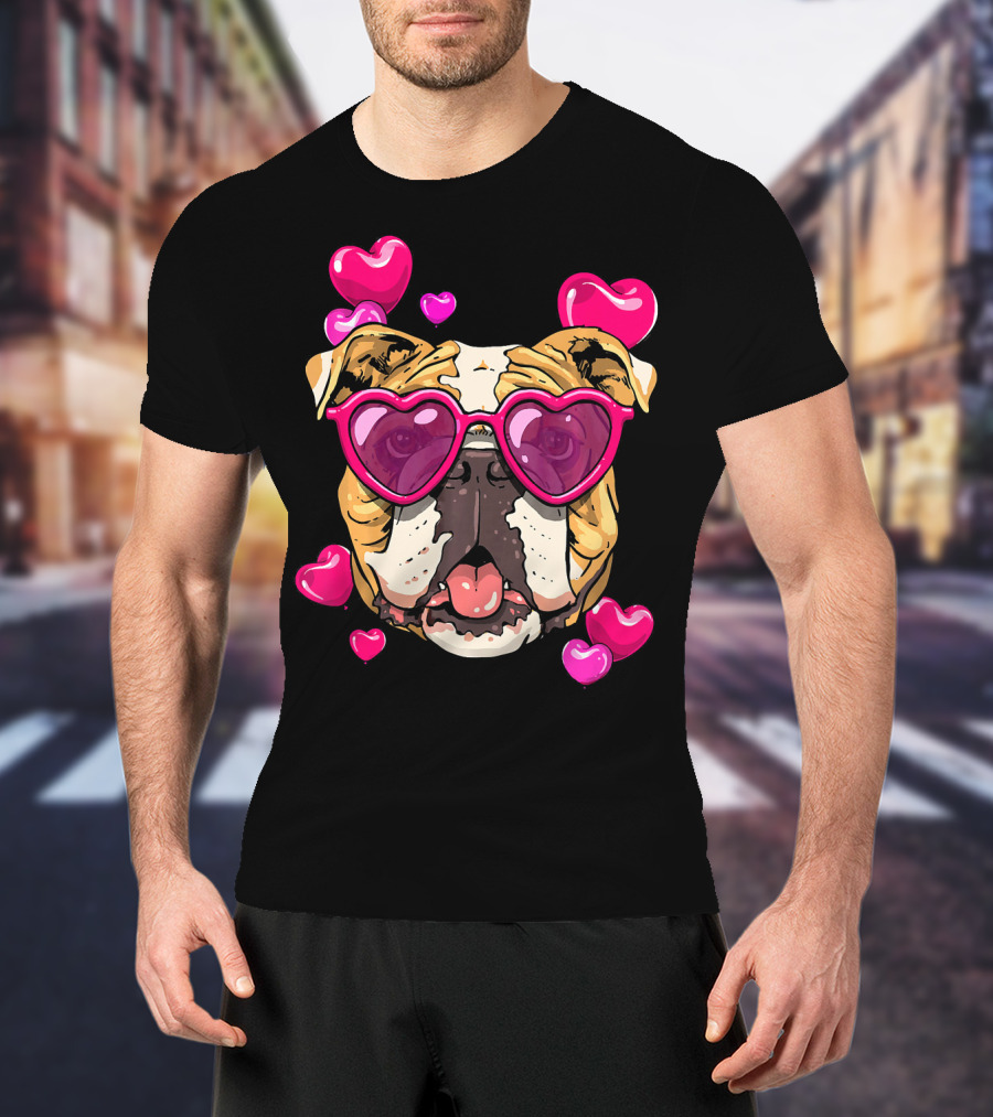 American Bulldog Heart Sunglasses Pink Hearts Valentine's Day T-Shirt