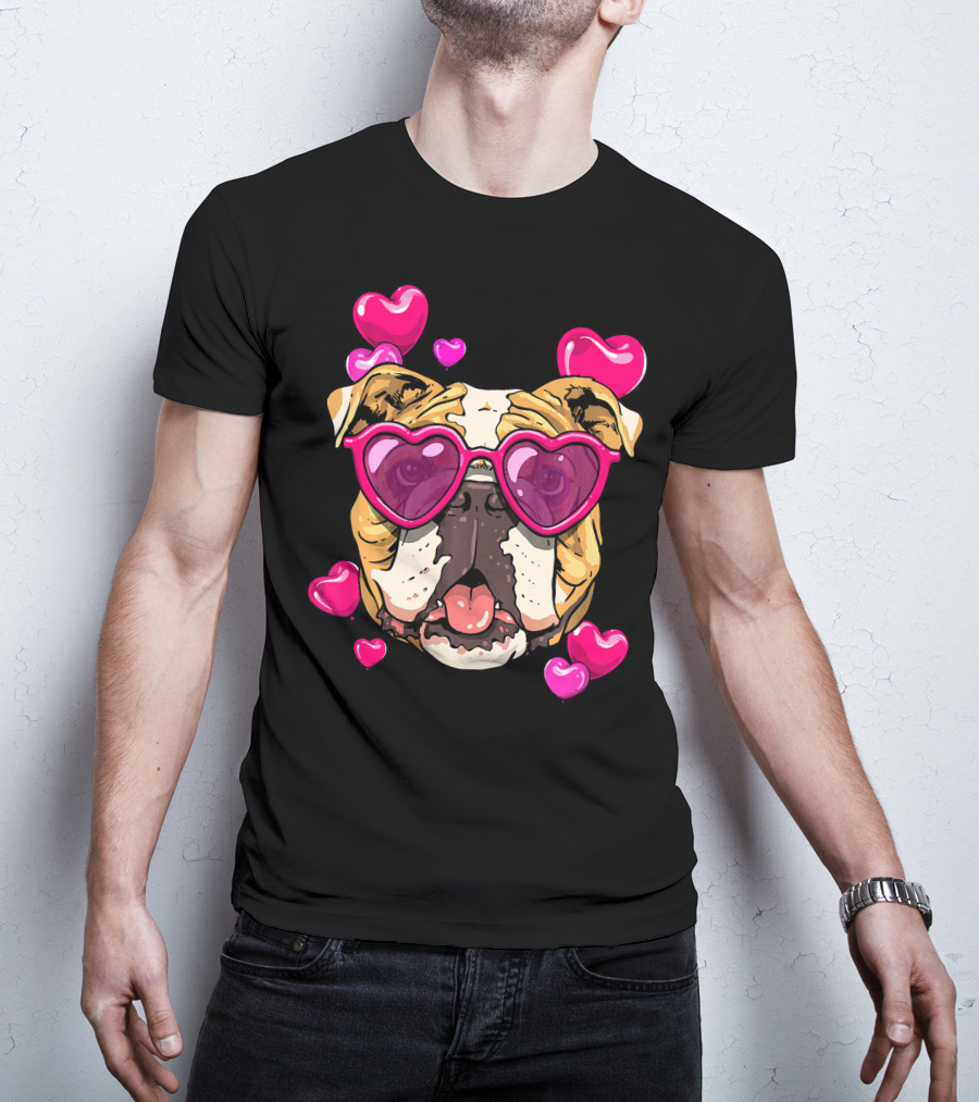 American Bulldog Heart Sunglasses Pink Hearts Valentine's Day T-Shirt