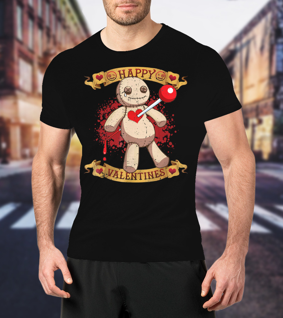 Happy Valentines Voodoo Doll With Heart And Lollipop Stabbing T-Shirt