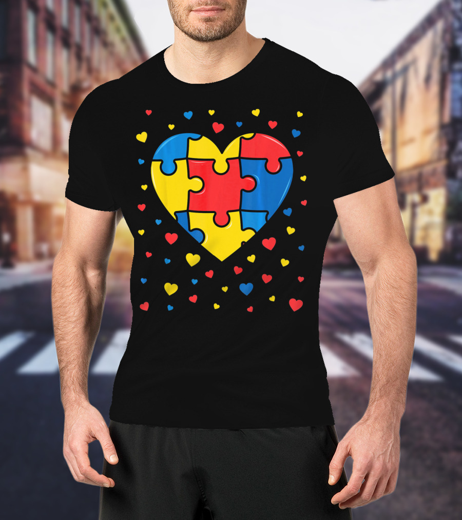 Autism Awareness Heart Puzzle Valentines Day Multicolor Love T-Shirt