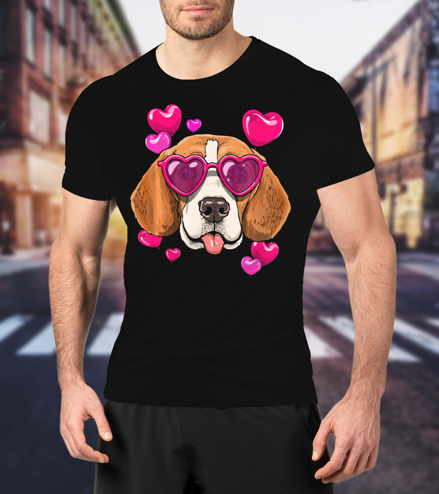Beagle With Heart Sunglasses Surrounded By Pink Hearts Valentines Day Dog T-Shirt
