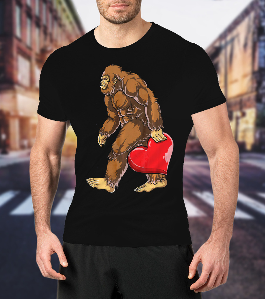 Bigfoot Carrying Heart Funny Valentine's Day T-Shirt