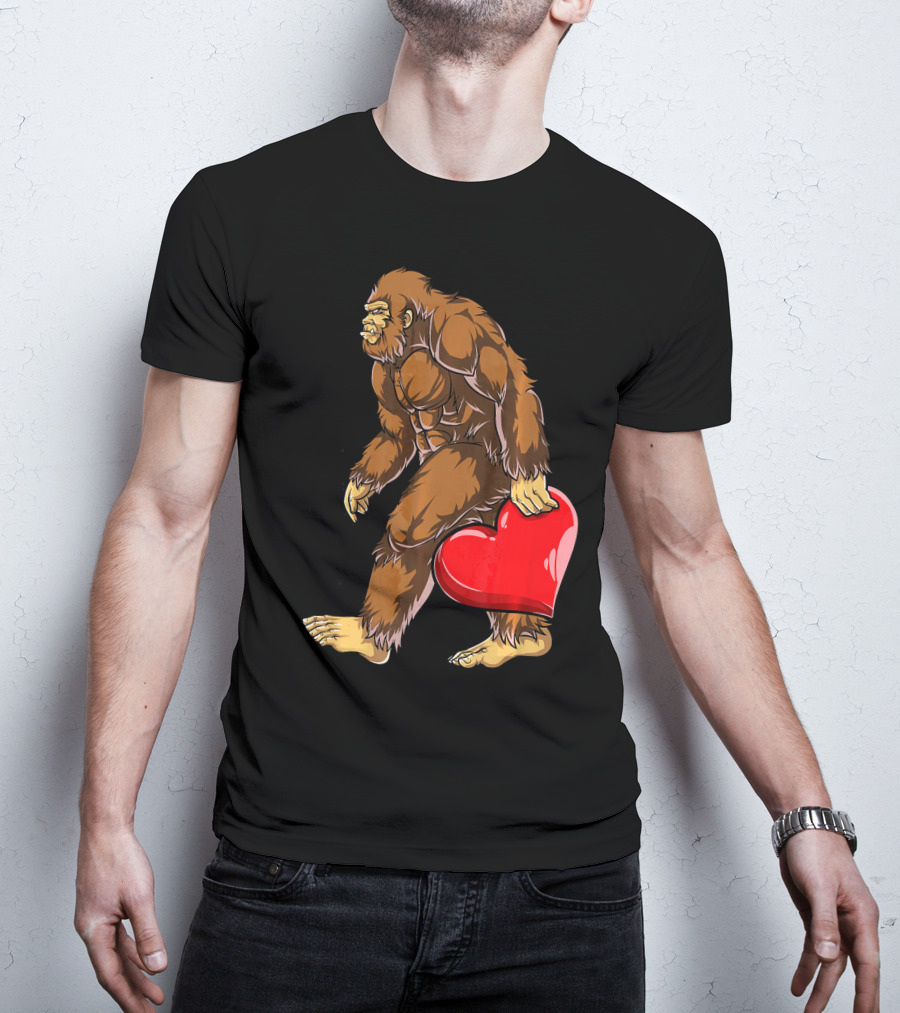 Bigfoot Carrying Heart Funny Valentine's Day T-Shirt