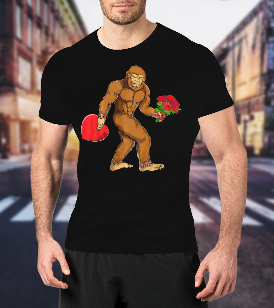 Bigfoot Heart Valentines Day Flowers T-Shirt