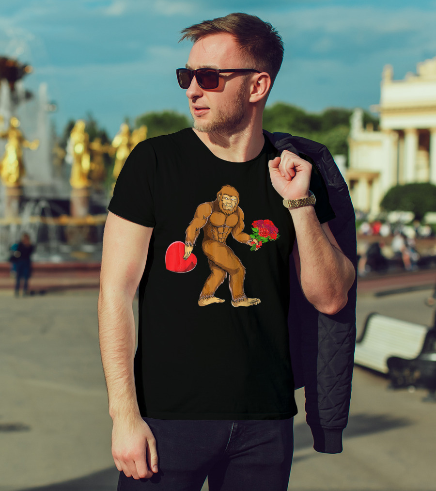 Bigfoot Heart Valentines Day Flowers T-Shirt