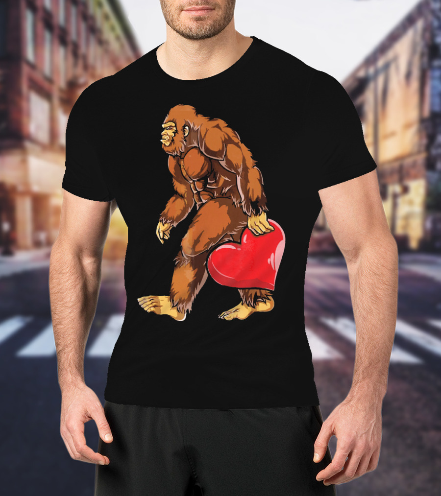 Bigfoot Holding A Red Heart For Funny Valentine's Day T-Shirt