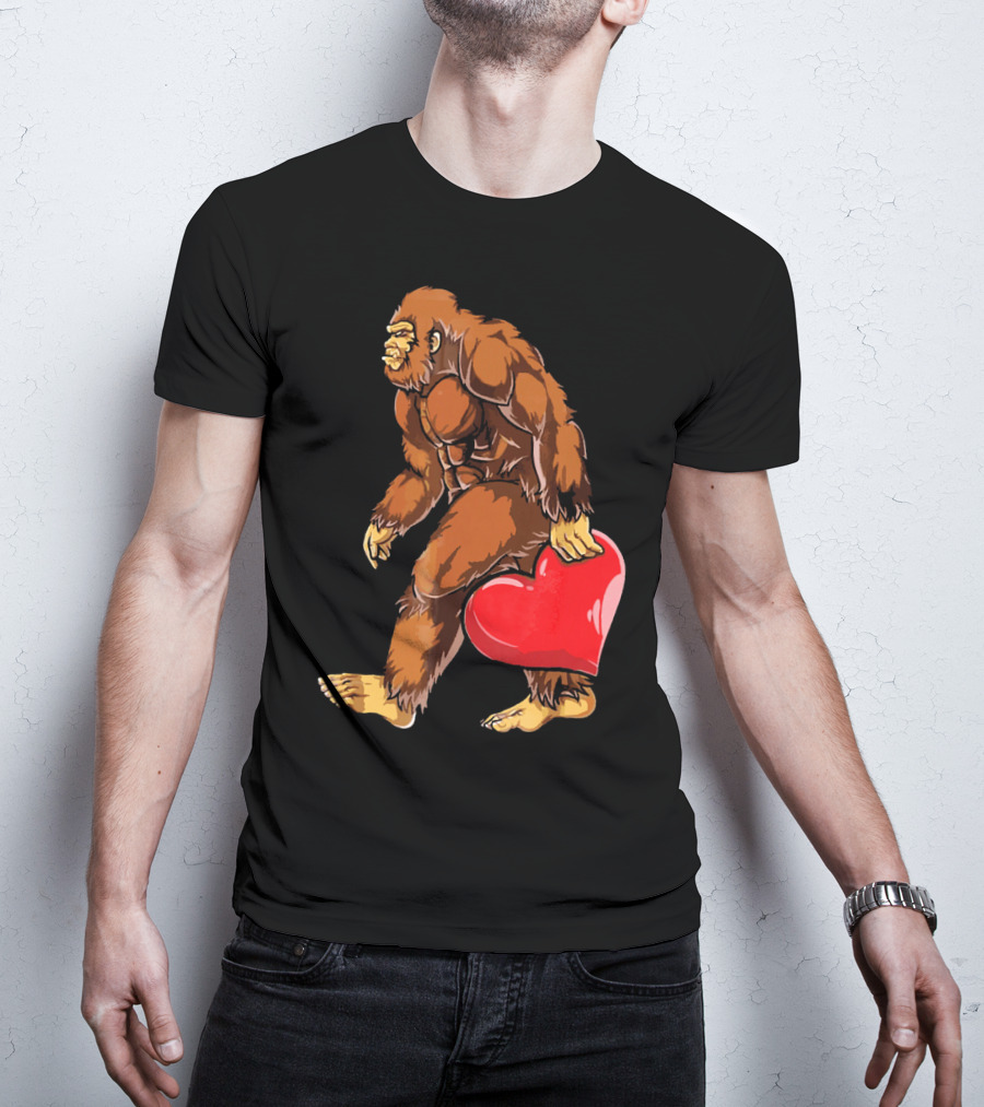 Bigfoot Holding A Red Heart For Funny Valentine's Day T-Shirt