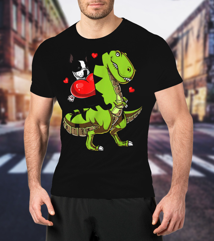 Boston Terrier With Red Hearts Riding A Green Rex Dinosaur T-Shirt