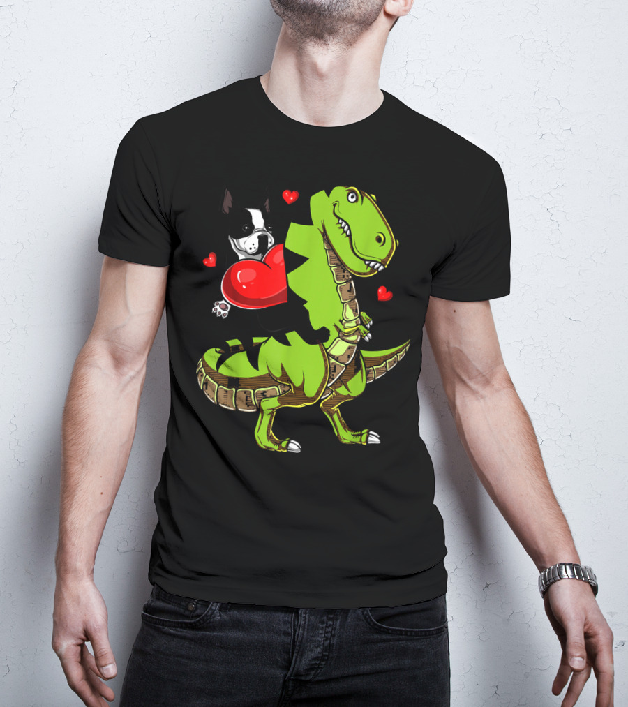 Boston Terrier With Red Hearts Riding A Green Rex Dinosaur T-Shirt