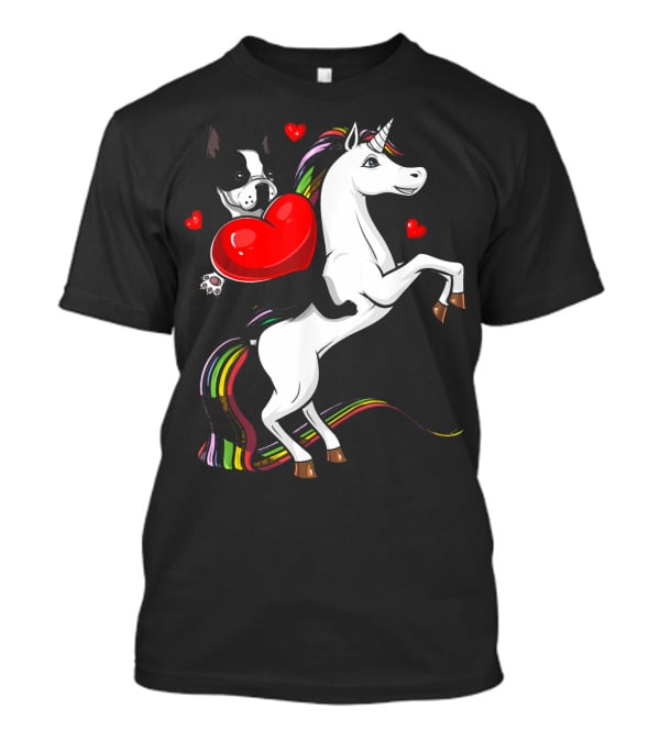 Boston Terrier Dog Holding Heart Riding Colorful Unicorn With Hearts T-Shirt