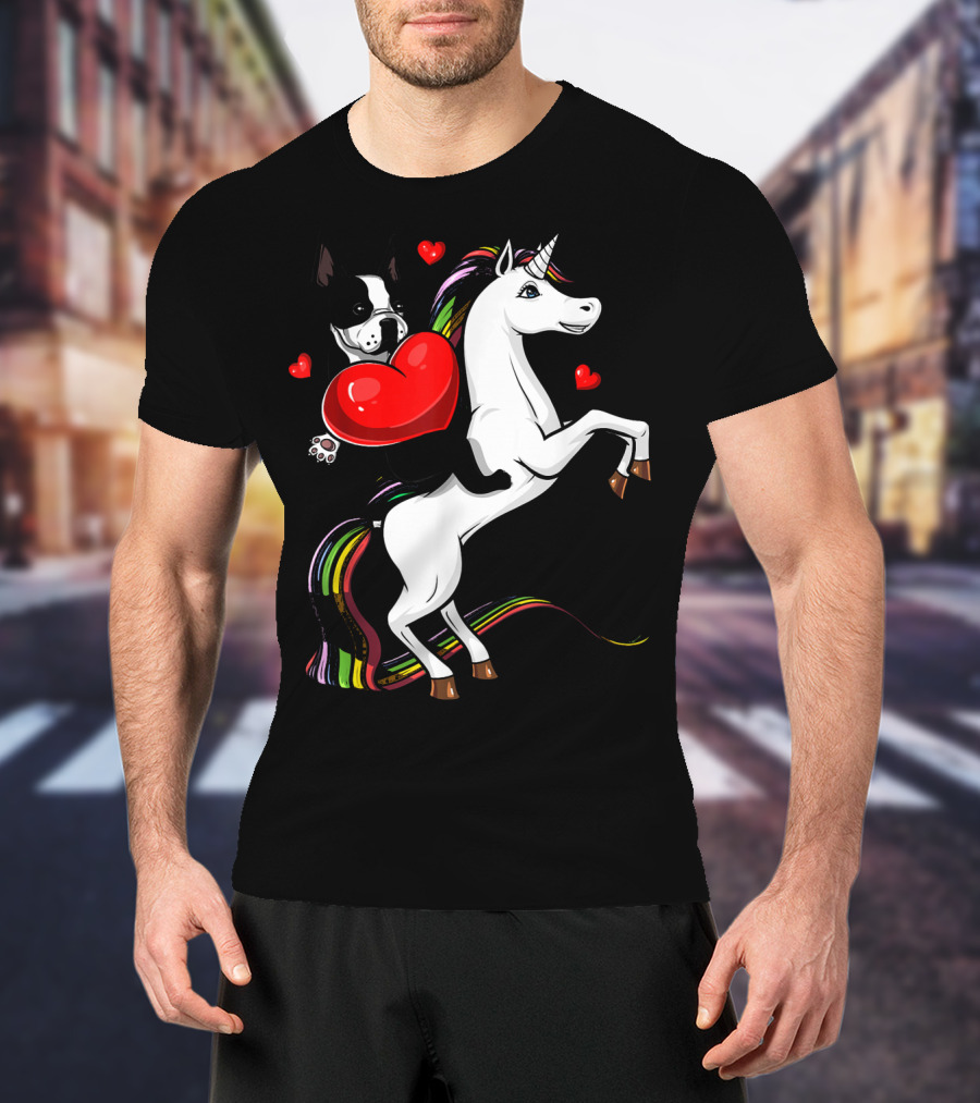 Boston Terrier Dog Holding Heart Riding Colorful Unicorn With Hearts T-Shirt