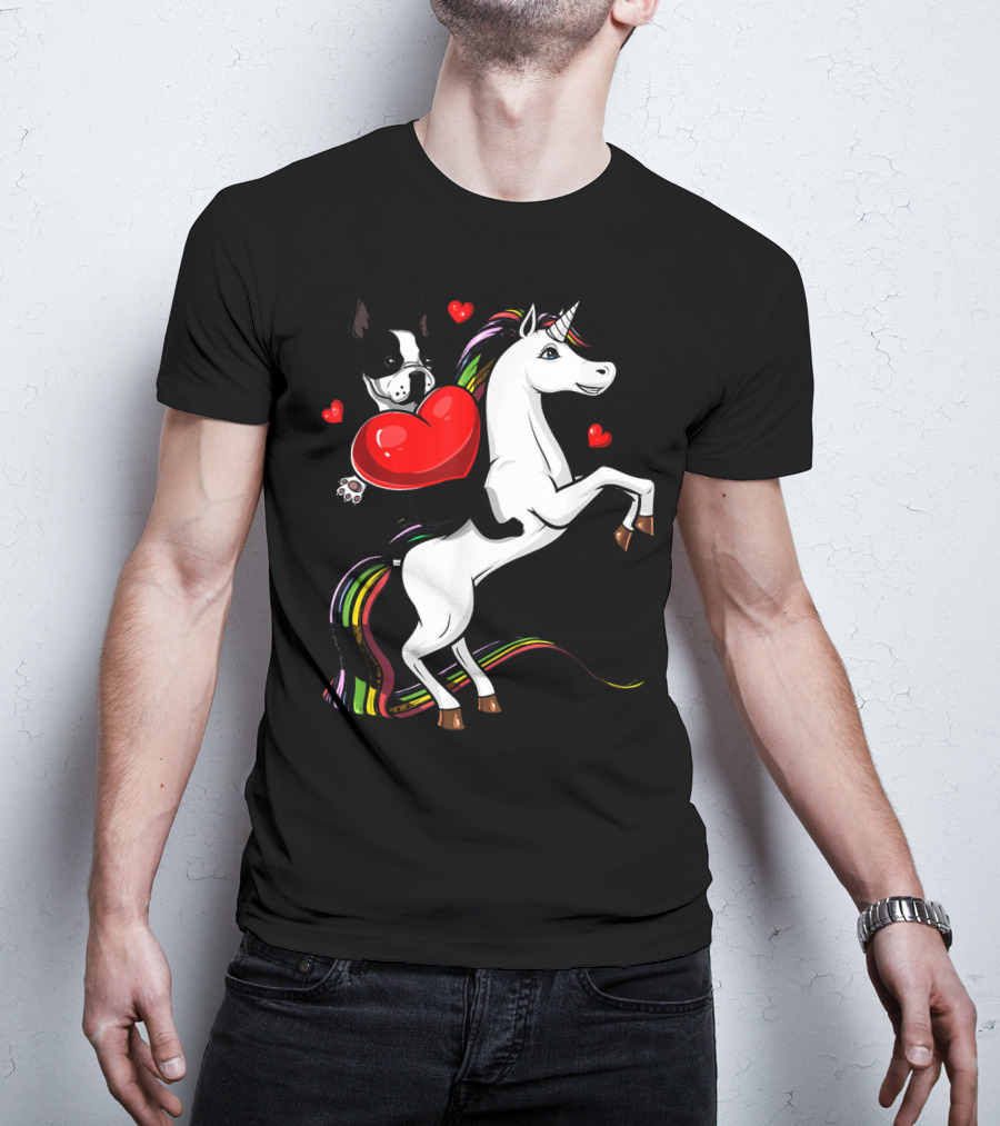 Boston Terrier Dog Holding Heart Riding Colorful Unicorn With Hearts T-Shirt