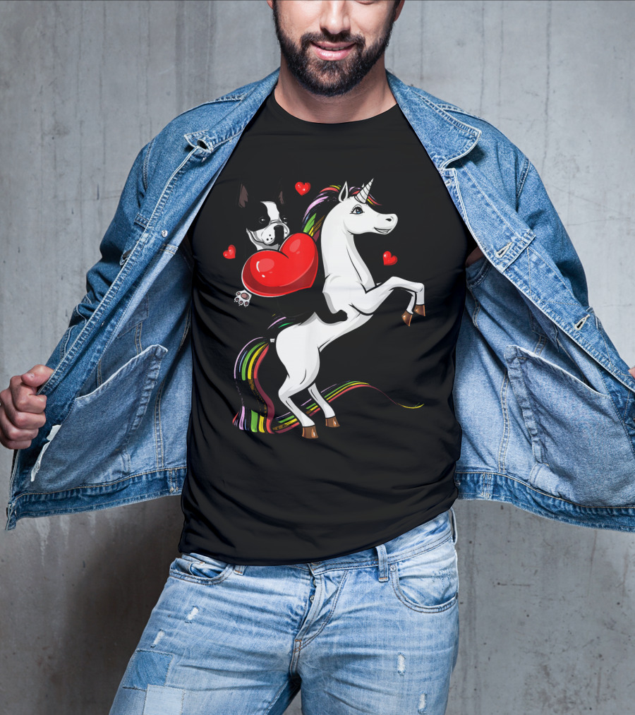 Boston Terrier Dog Holding Heart Riding Colorful Unicorn With Hearts T-Shirt