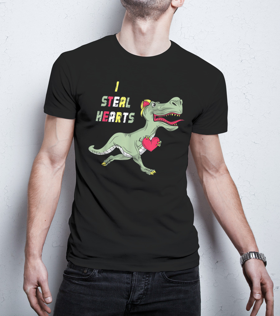 I Steal Hearts Dinosaur Holding Red Heart T-Shirt
