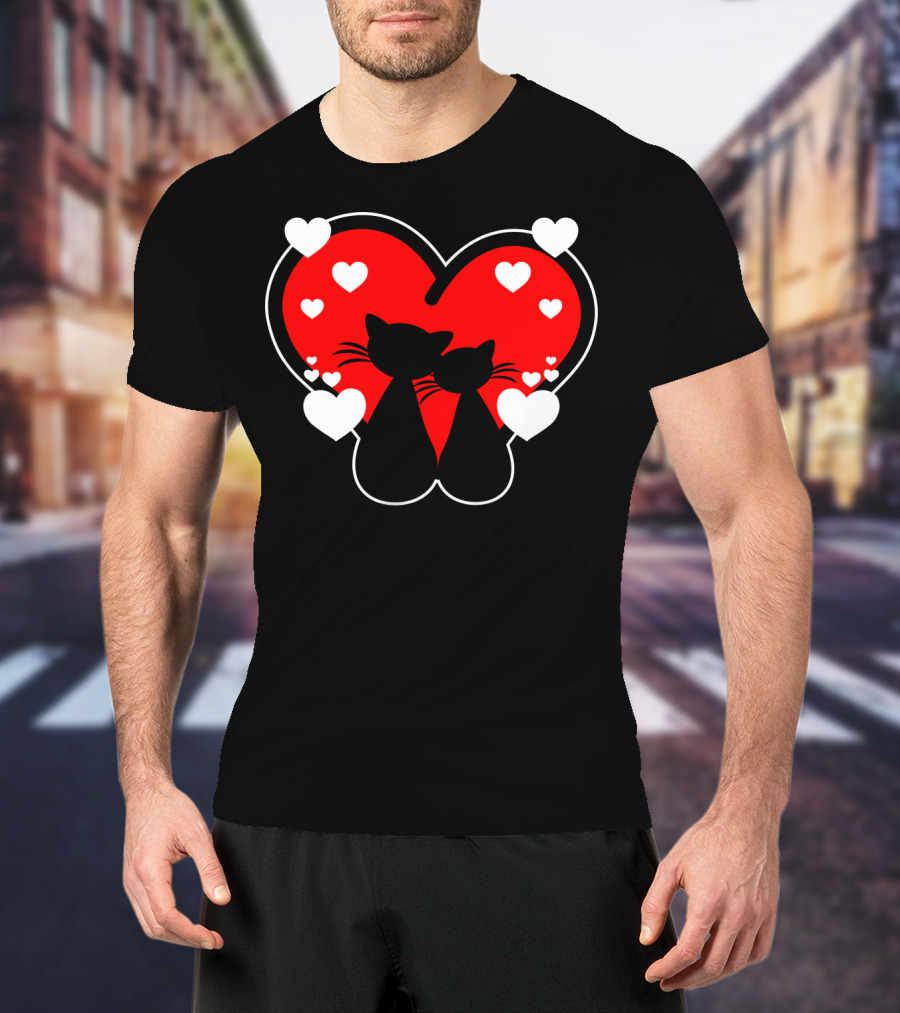 Cat Love Heart Valentines With Silhouette Cats And Hearts T-Shirt