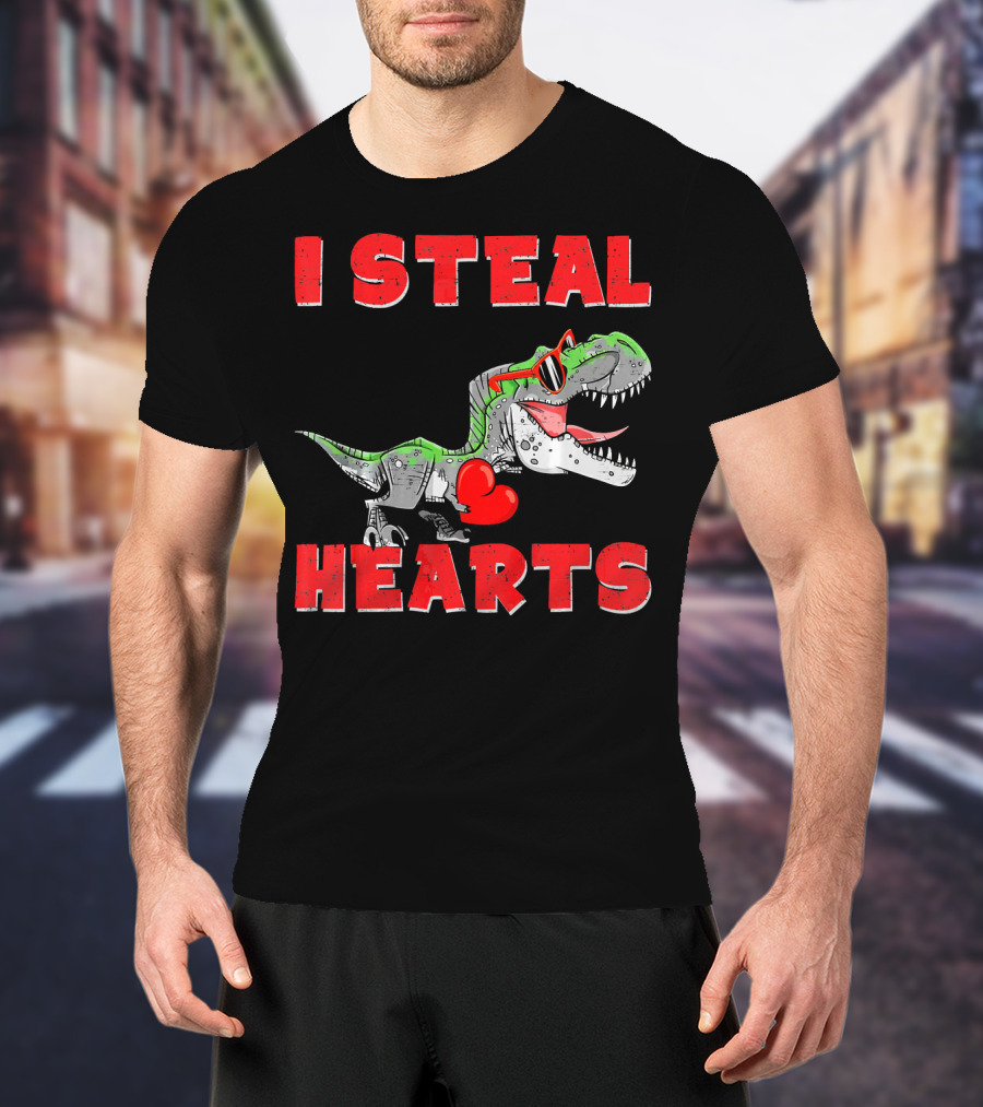 I Steal Hearts Boys Valentines Day Kids Dinosaur Trex T-Shirt