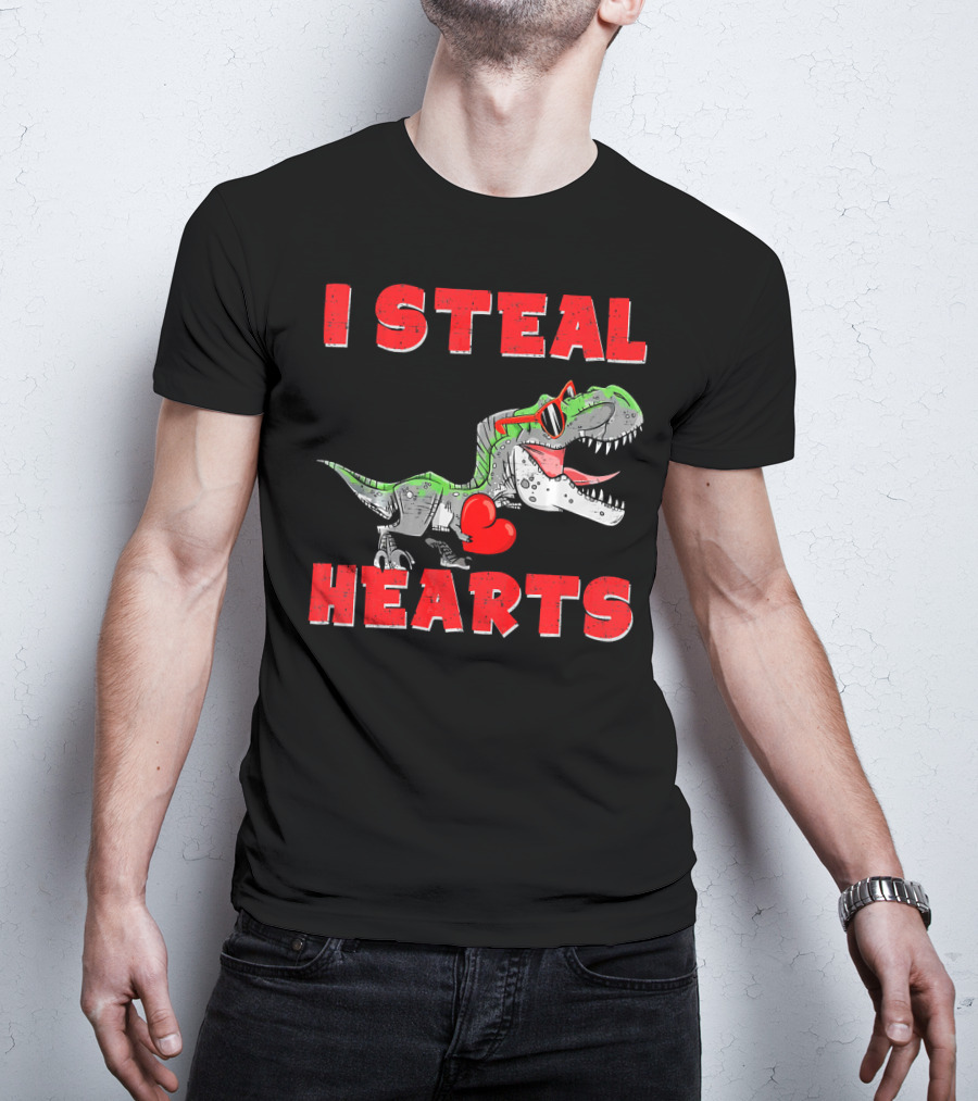 I Steal Hearts Boys Valentines Day Kids Dinosaur Trex T-Shirt