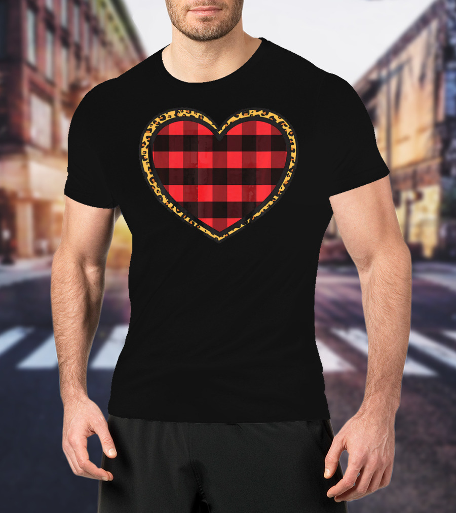 Buffalo Plaid And Leopard Print Heart T-Shirt