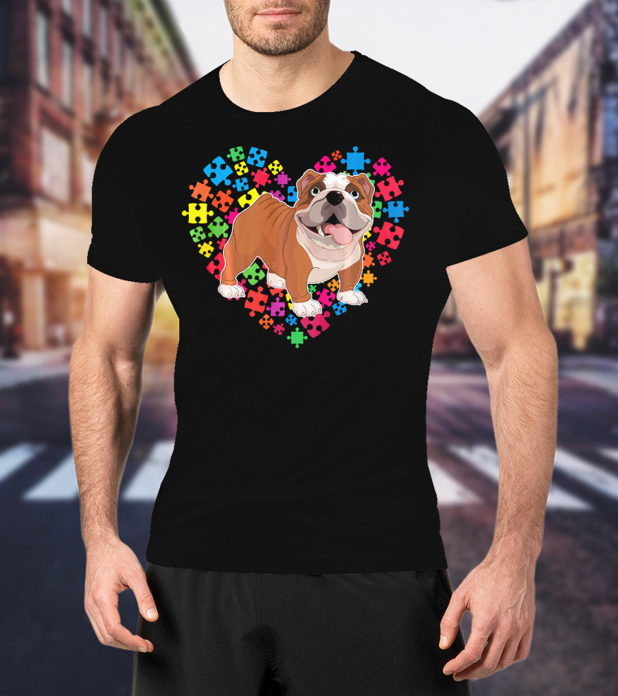 Bulldog Valentine Heart With Colorful Puzzle Pieces Background T-Shirt