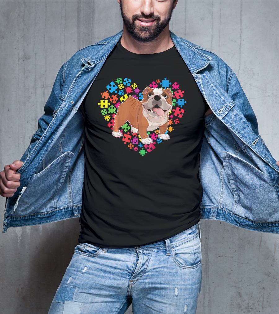 Bulldog Valentine Heart With Colorful Puzzle Pieces Background T-Shirt