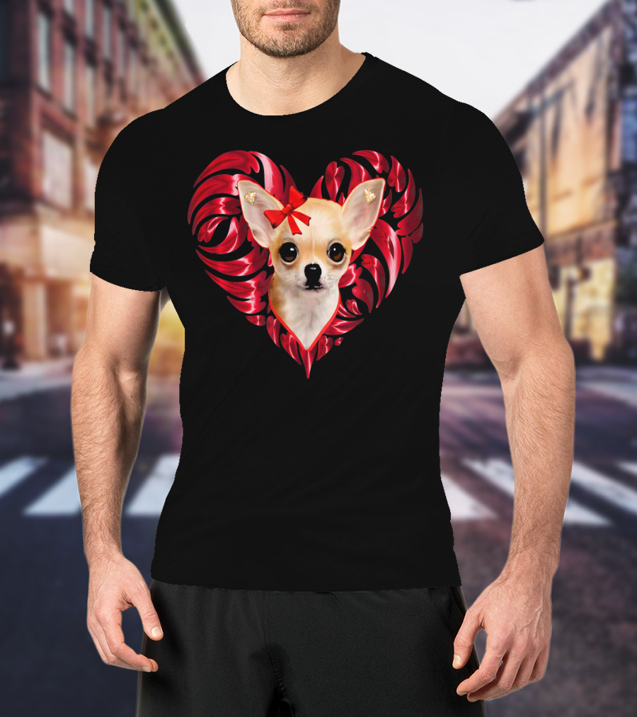 Chihuahua Dog Valentine Heart With Bow And Swirls T-Shirt