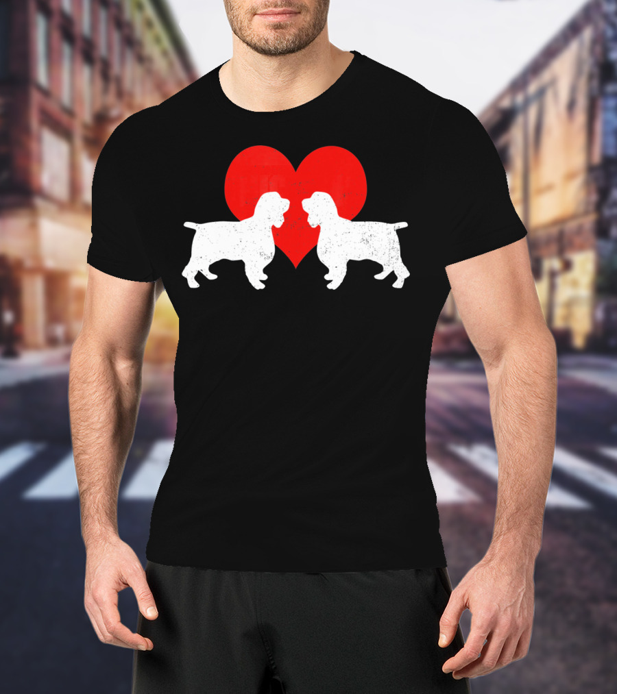 Couple English Springer Spaniel Dogs With Red Heart T-Shirt