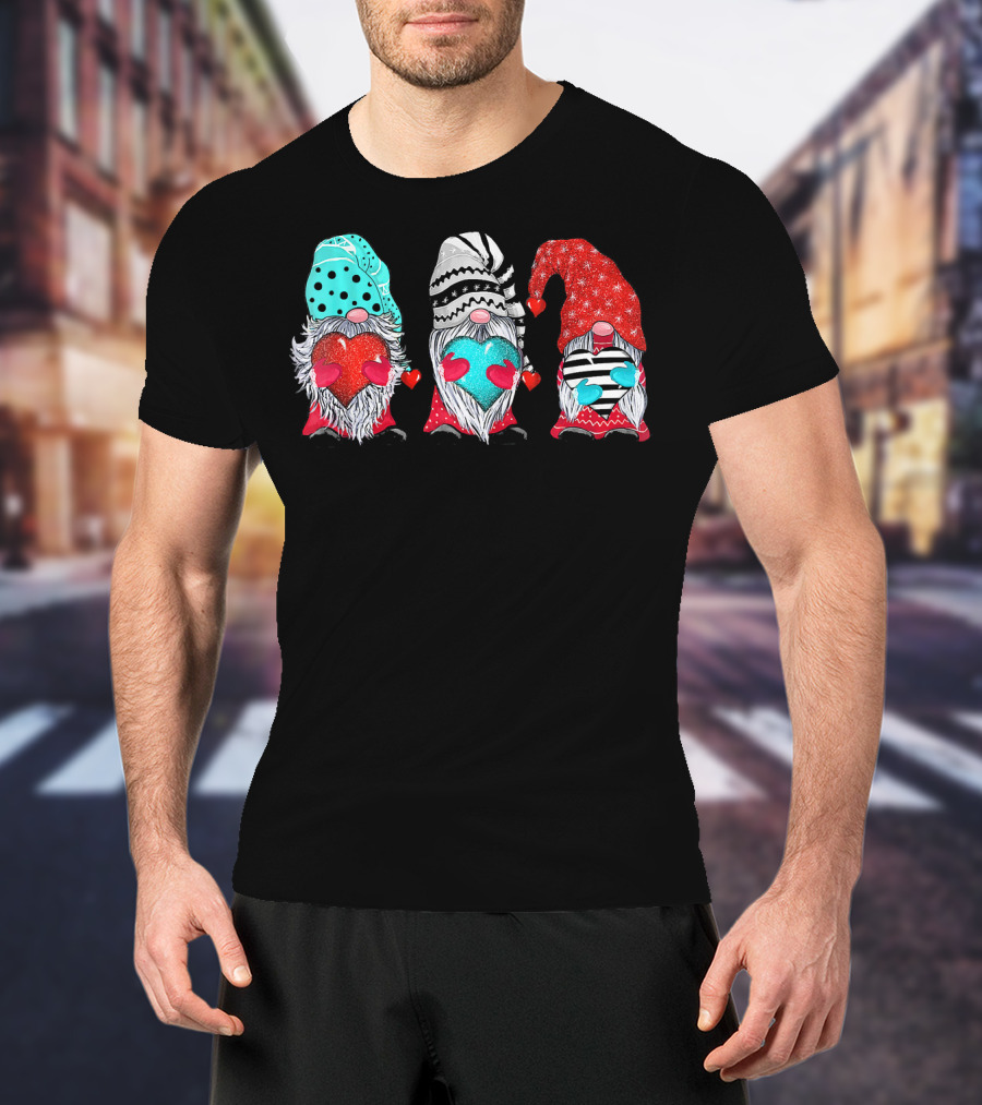 Couple Matching Outfit Gnomes Holding Hearts With Festive Hats T-Shirt