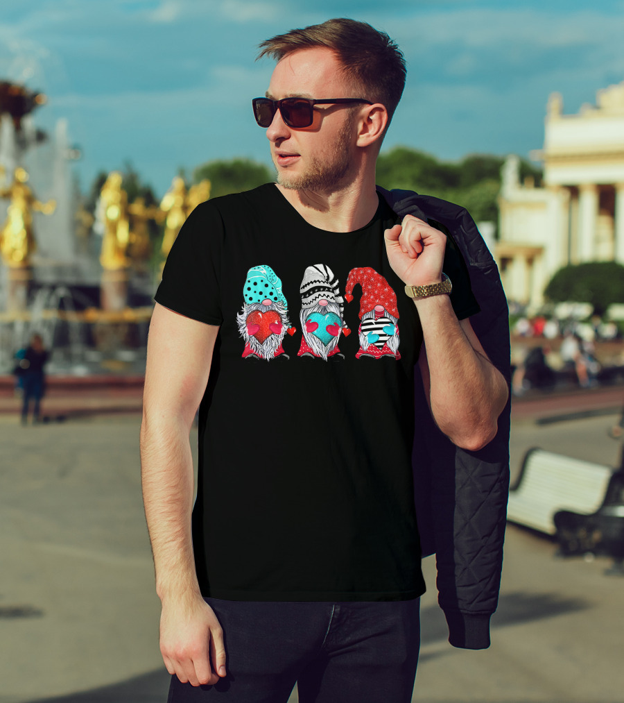 Couple Matching Outfit Gnomes Holding Hearts With Festive Hats T-Shirt