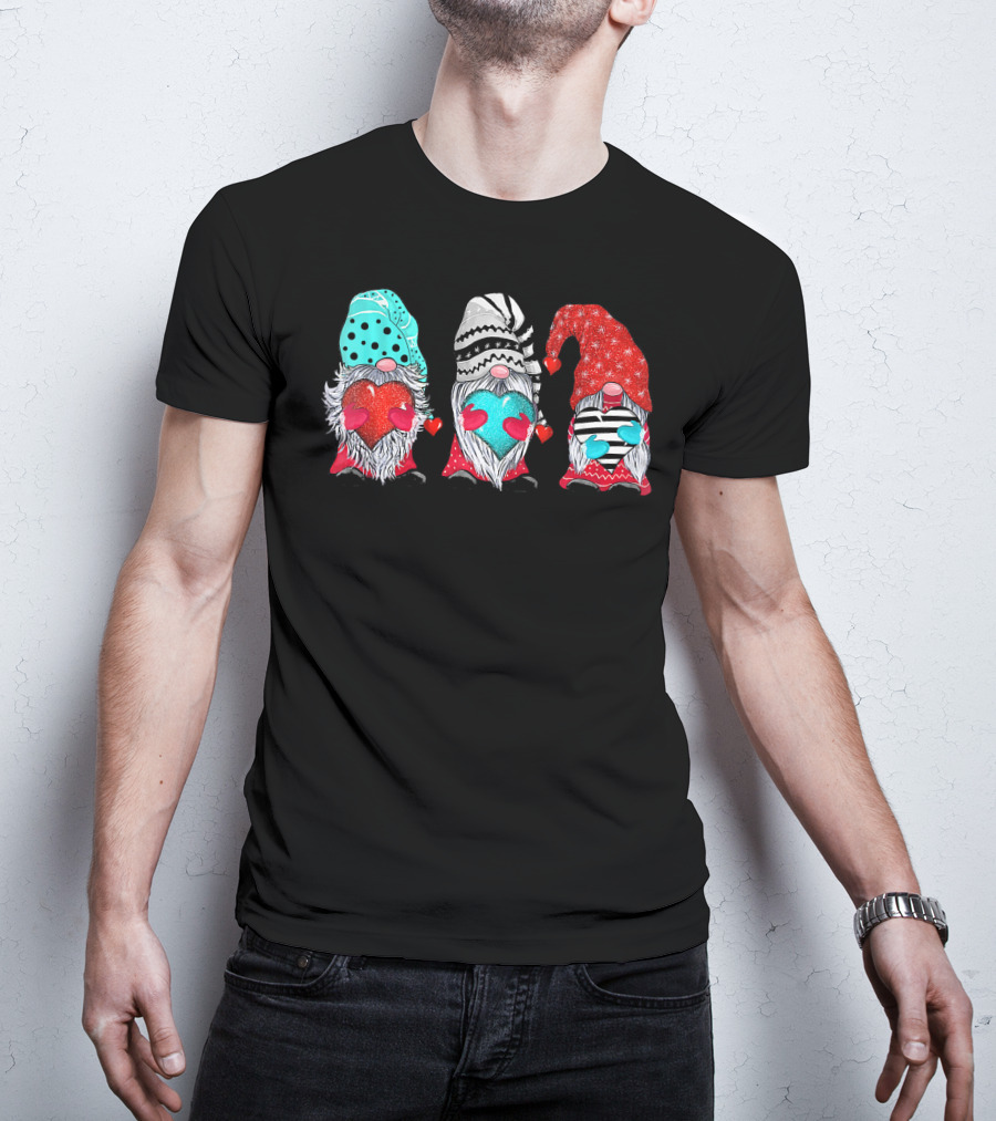 Couple Matching Outfit Gnomes Holding Hearts With Festive Hats T-Shirt