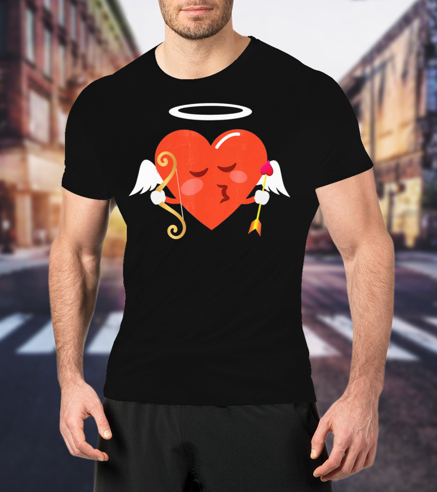 Cupid Heart Emoji Kiss Mwah Valent Winged Bow Arrow Halo T-Shirt