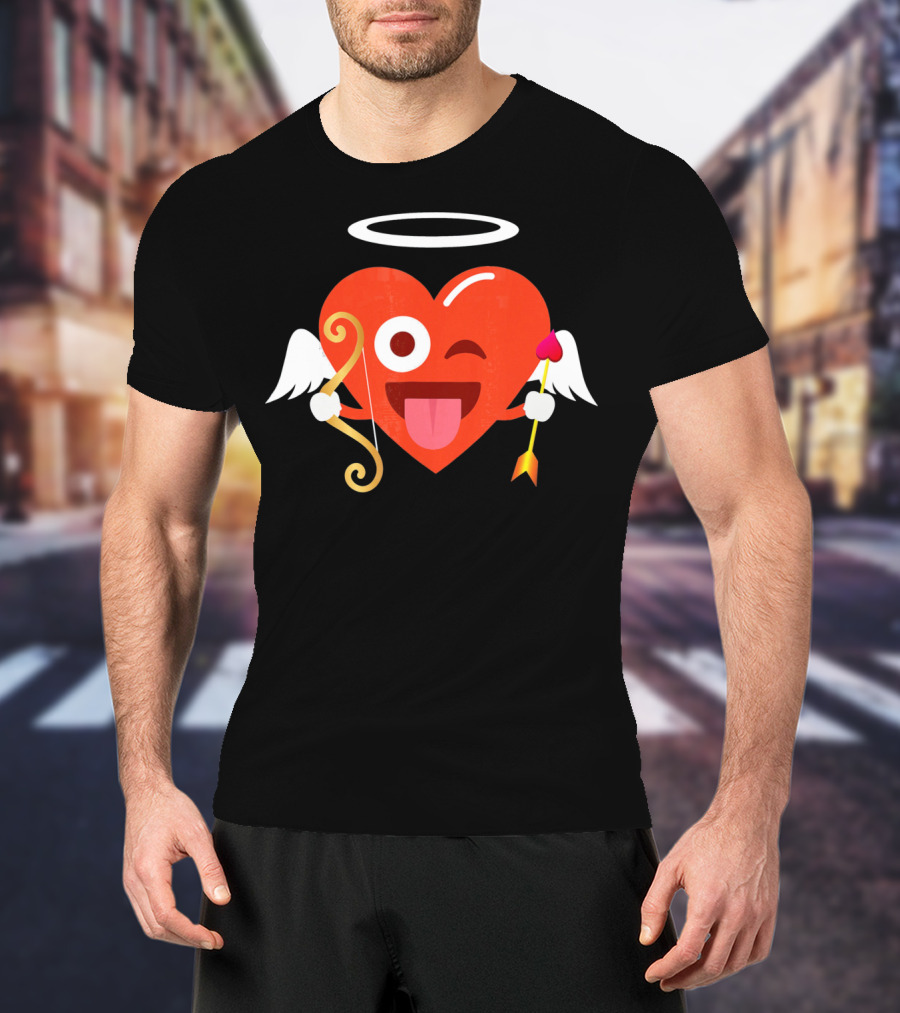 Cupid Heart Emoji Halo Wink Tongue Out Bow Arrow T-Shirt