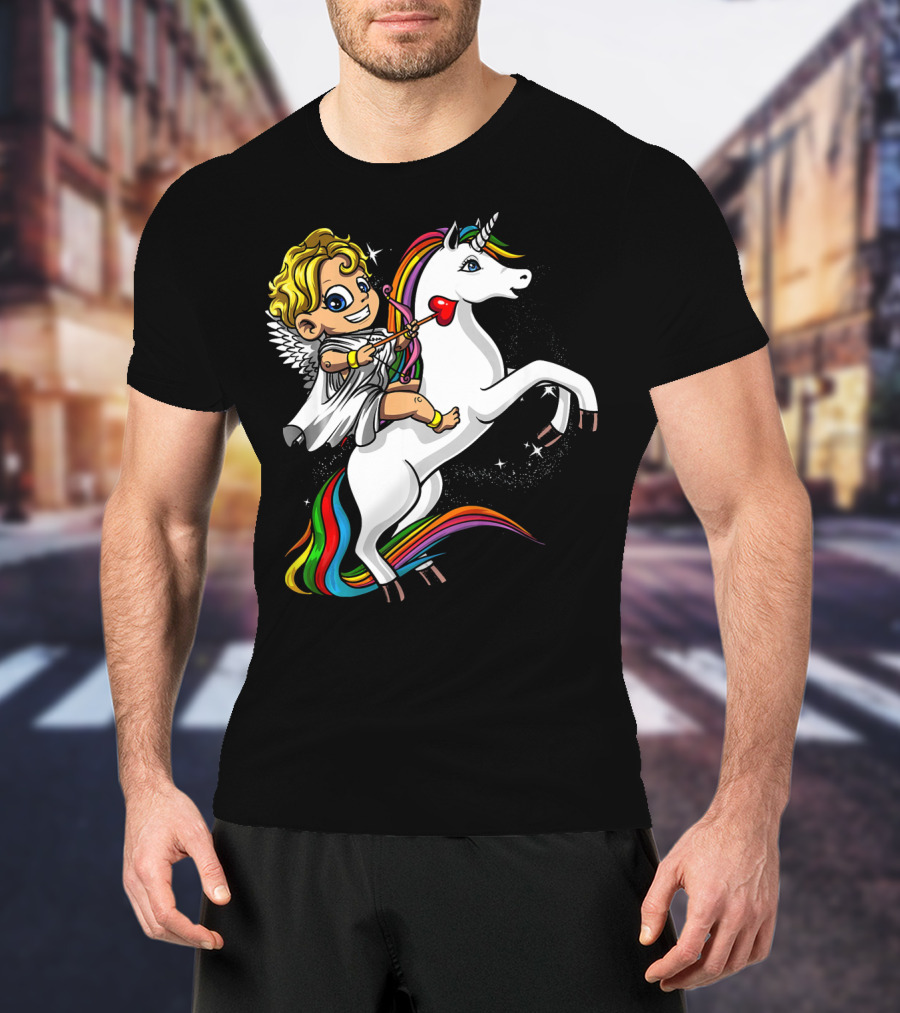 Cupid Riding Colorful Unicorn Valentines Day Magic T-Shirt