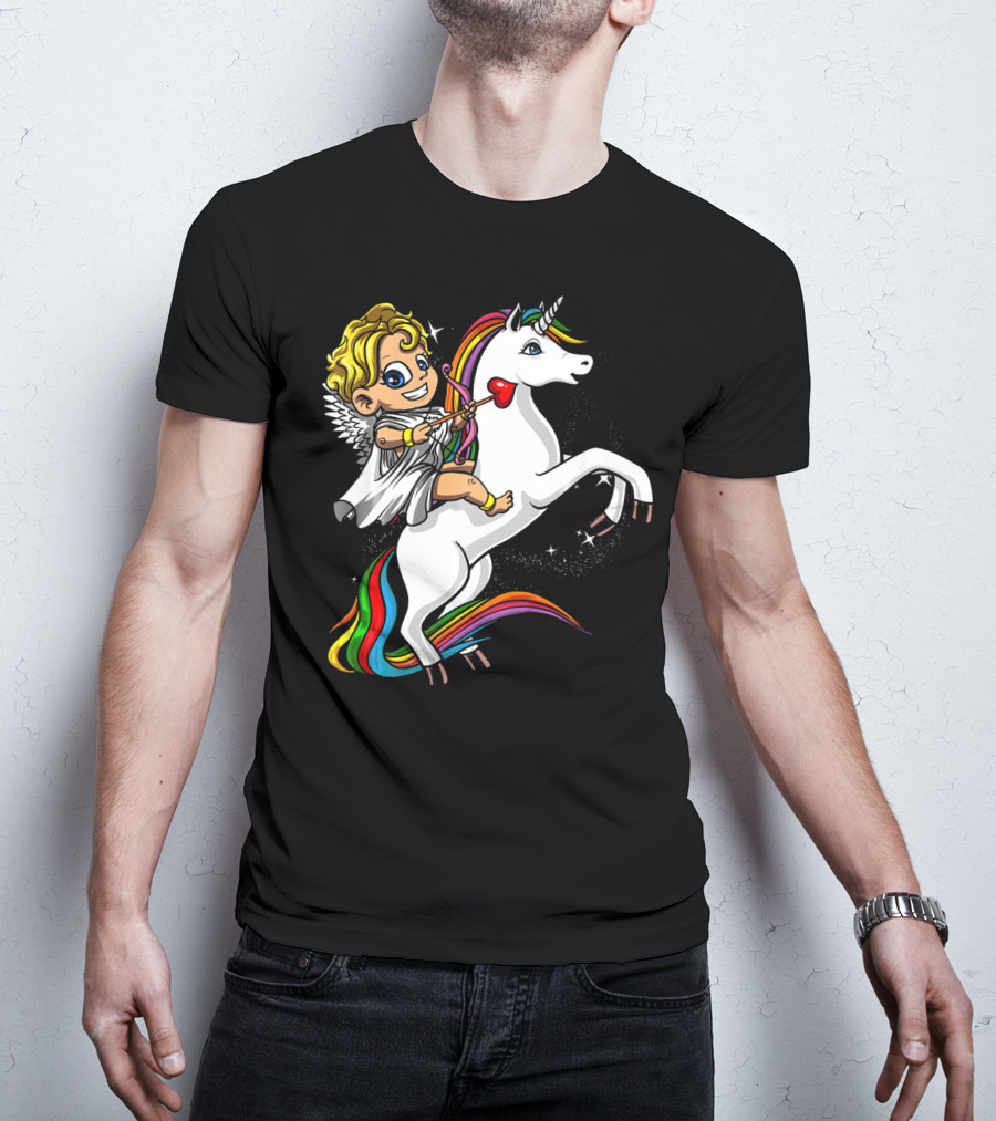 Cupid Riding Colorful Unicorn Valentines Day Magic T-Shirt