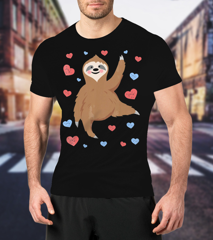 Cute Cuddly Sloth Surrounded By Red And Blue Hearts Valentine's Day T-Shirt