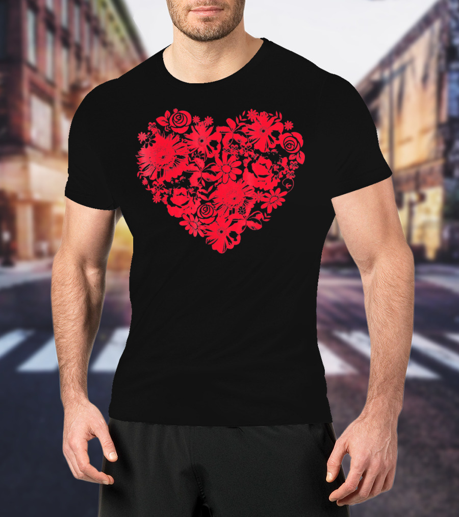Cute Red Heart Floral Valentines Flower T-Shirt