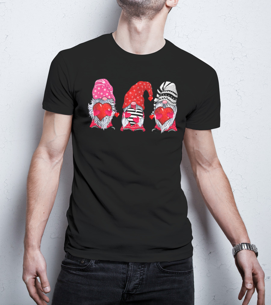 Cute Gnomes Valentine's Couple Heart Match Striped Red Hat Polka Dot T-Shirt