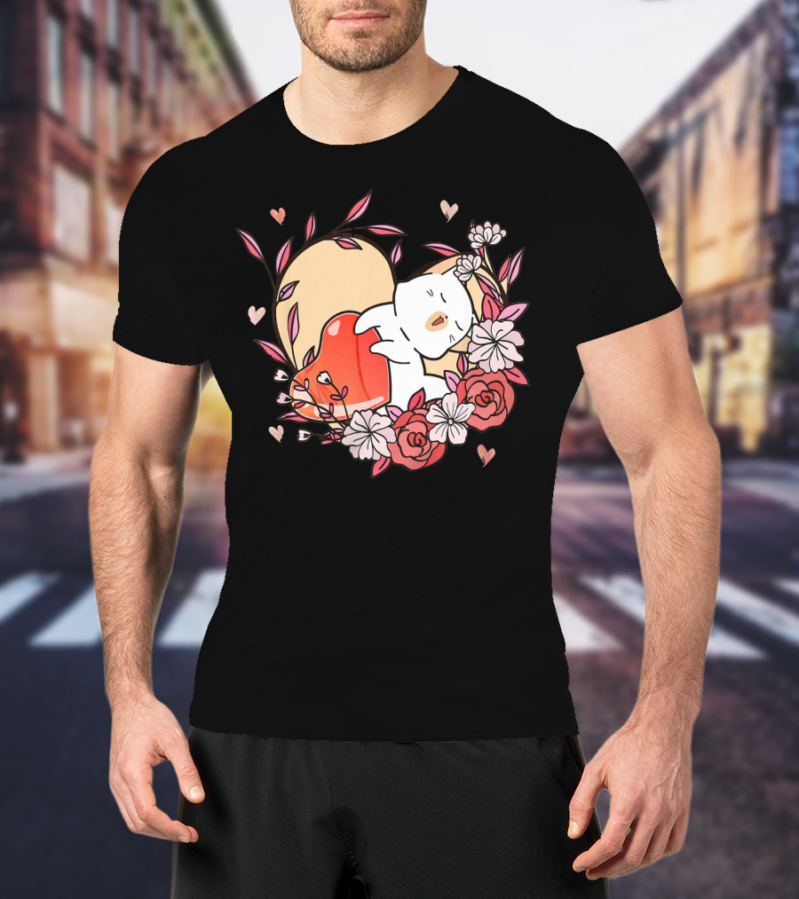 Cute Kawaii Cat Hugging Heart Surrounded By Valentines Day Flowers T-Shirt