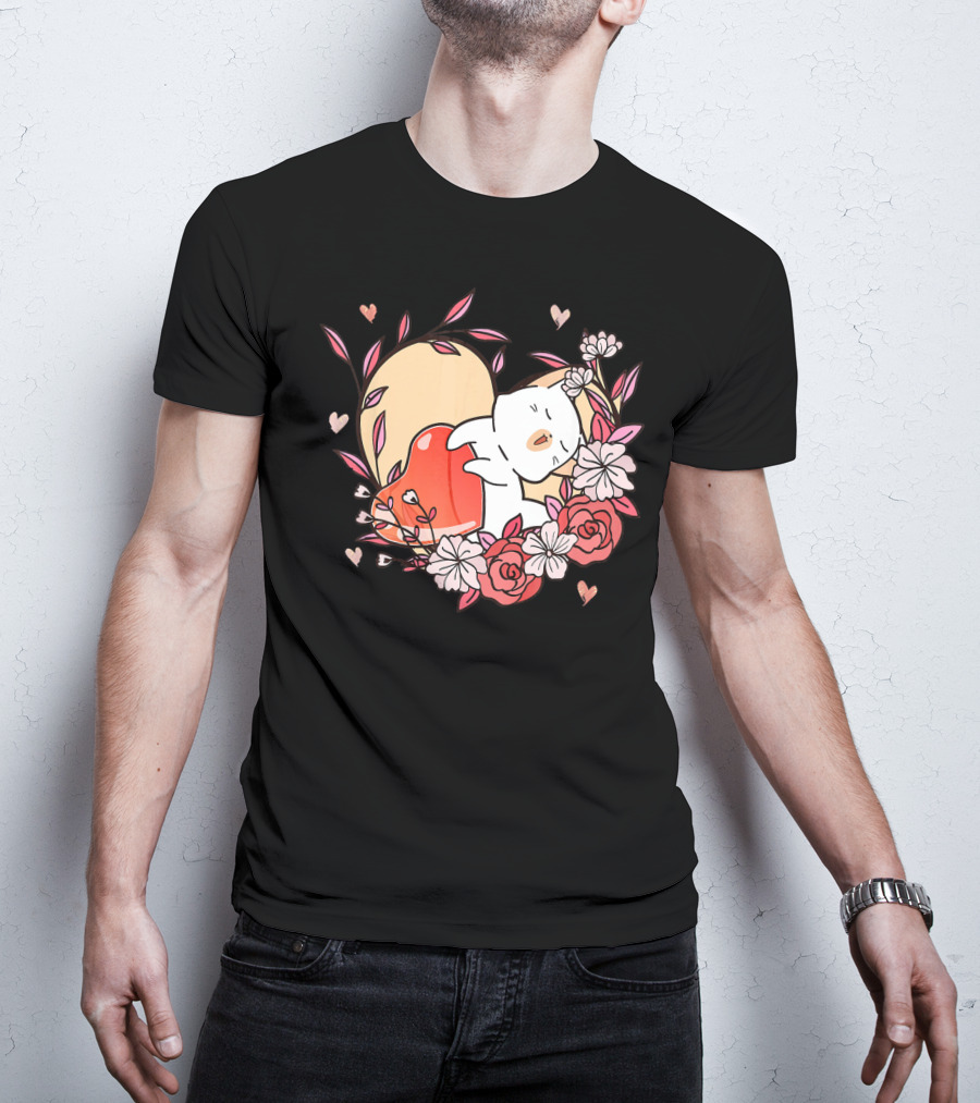 Cute Kawaii Cat Hugging Heart Surrounded By Valentines Day Flowers T-Shirt
