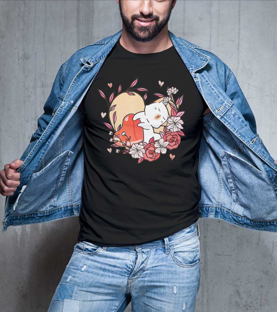 Cute Kawaii Cat Hugging Heart Surrounded By Valentines Day Flowers T-Shirt