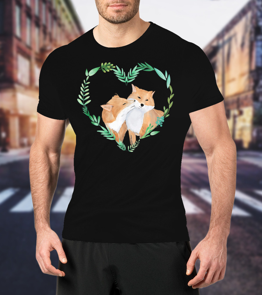 Cute Love Foxes Valentines Day Heart Greenery T-Shirt