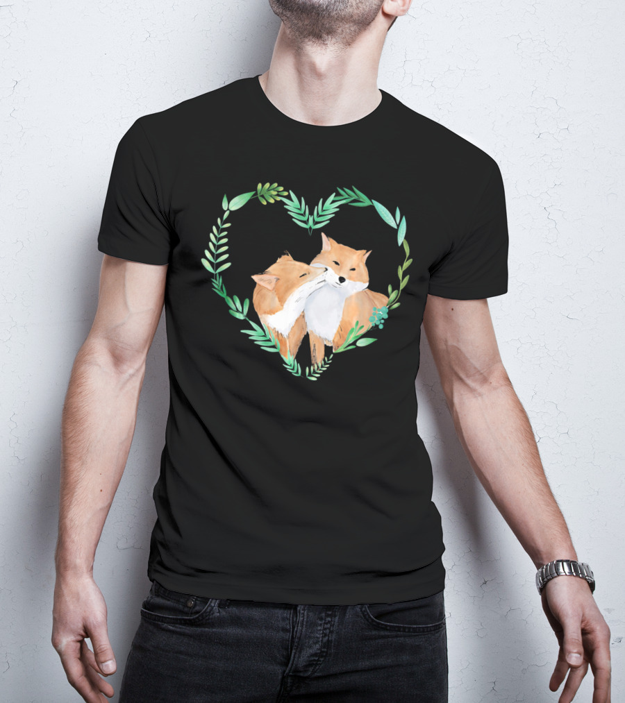 Cute Love Foxes Valentines Day Heart Greenery T-Shirt
