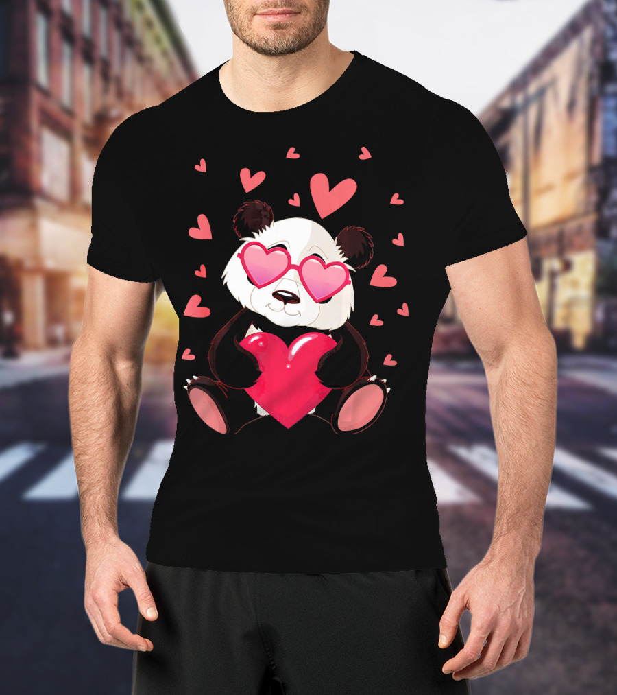Cute Panda With Heart Glasses Valentines Day T-Shirt