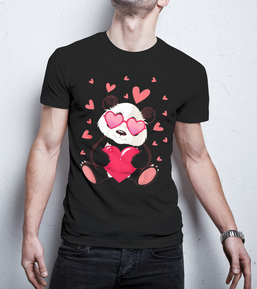 Cute Panda With Heart Glasses Valentines Day T-Shirt