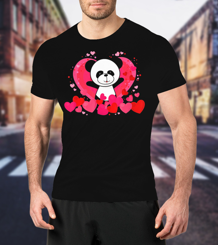 Cute Panda Surrounded By Pink And Red Hearts With Large Heart Background T-Shirt
