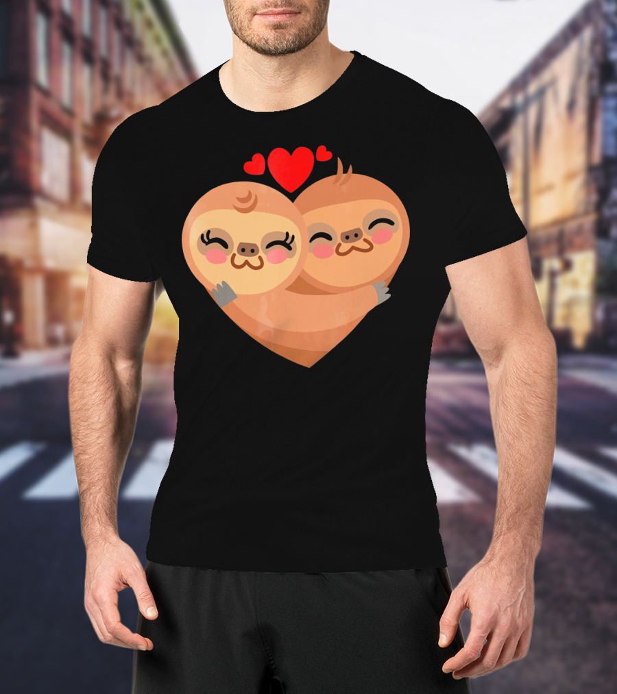 Cute Sloth Love Heart Valentines Pair With Red Hearts T-Shirt