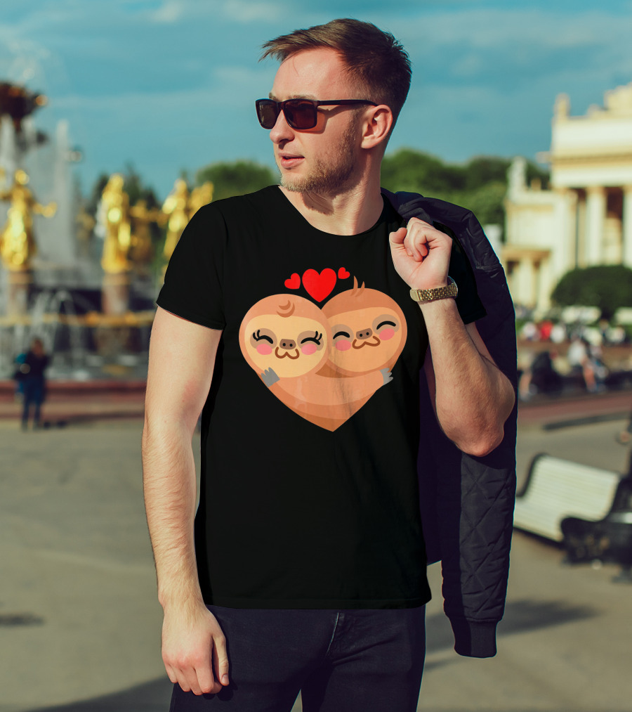 Cute Sloth Love Heart Valentines Pair With Red Hearts T-Shirt