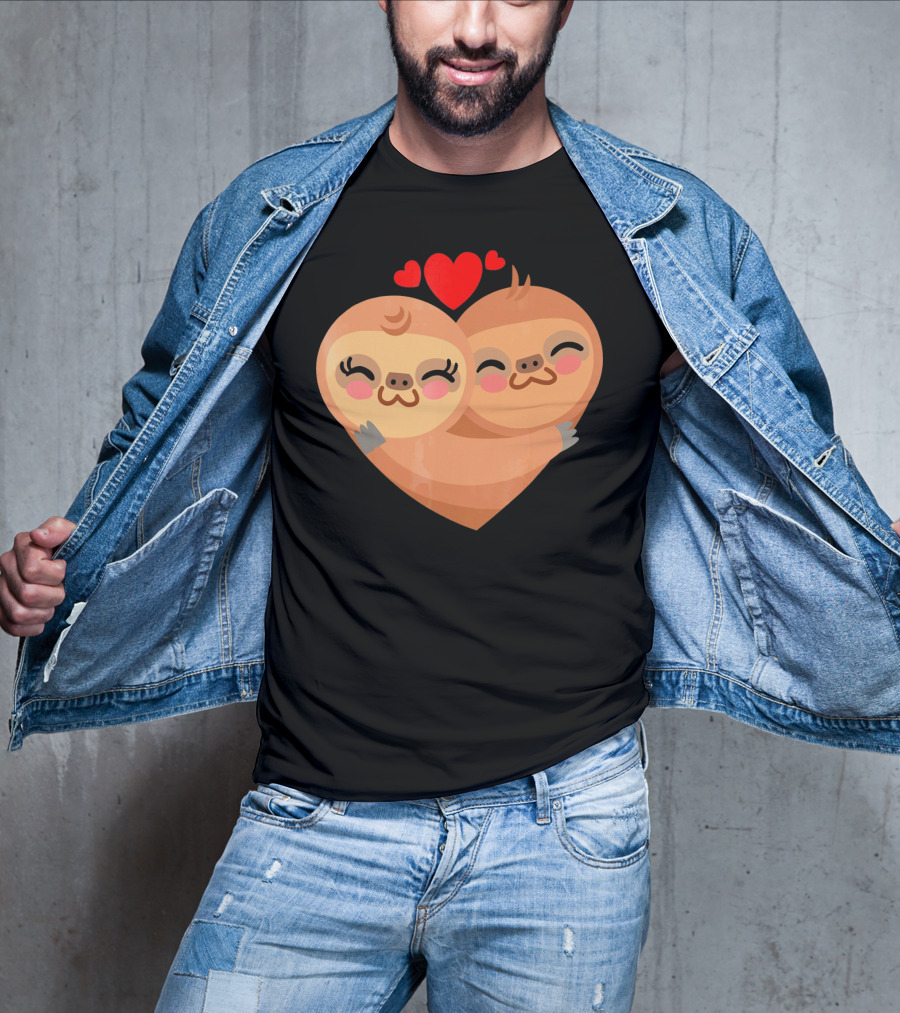 Cute Sloth Love Heart Valentines Pair With Red Hearts T-Shirt