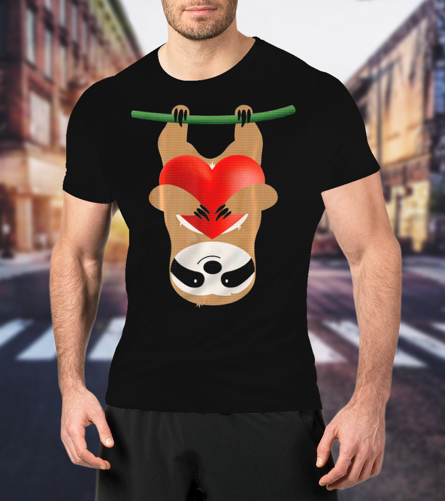 Cute Upside Down Sloth Hugging Red Heart Valentines Love T-Shirt