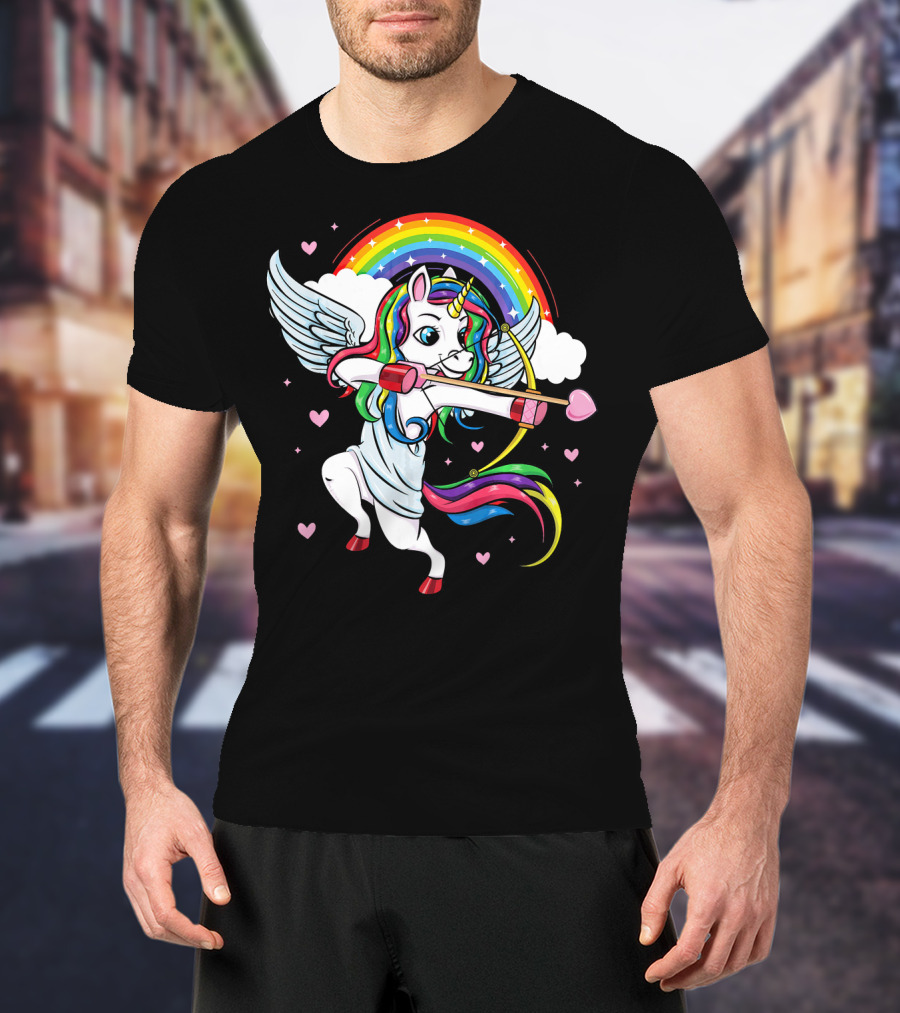 Cute Unicorn Cupid Rainbow Valentines Day Heart Girls T-Shirt