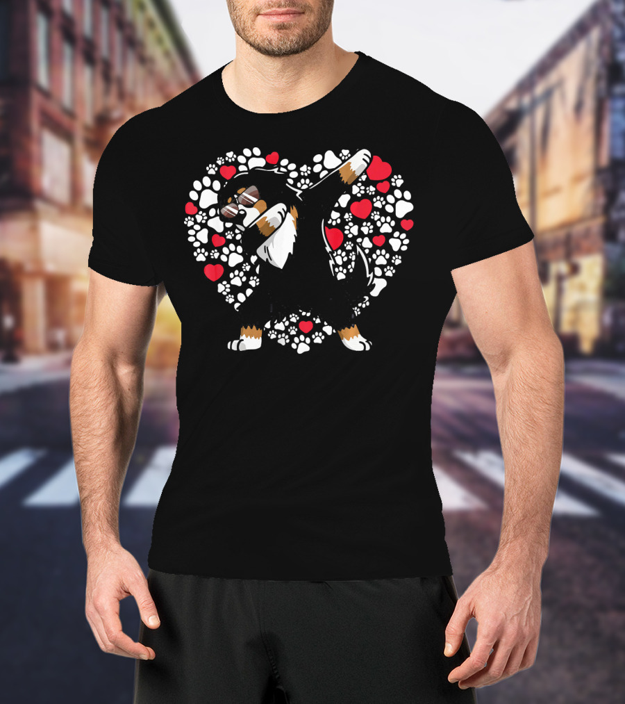 Bernese Mountain Dog Dabbing Heart Paw Prints Valentine T-Shirt